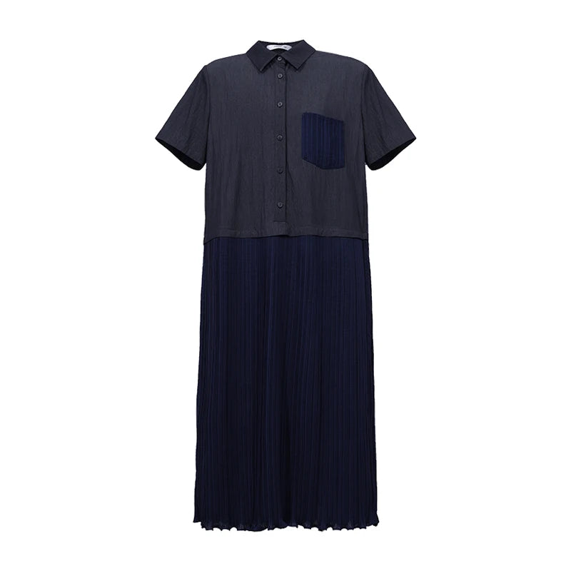 Damen-Midikleid mit Reverskragen, Kurzarmhemd und plissiertem Rockunterteil