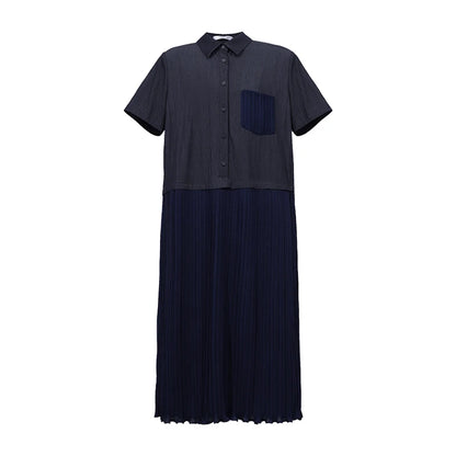 Damen-Midikleid mit Reverskragen, Kurzarmhemd und plissiertem Rockunterteil