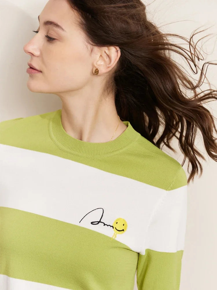 Damen Sommer-T-Shirt im Minimalismus-Stil mit gestreiftem Lächeln-Gesicht