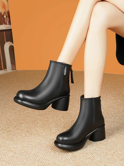 Schwarze Leder-Stiefeletten für Damen, mittelhoher Schaft, Blockabsatz und seitliche Schnürung