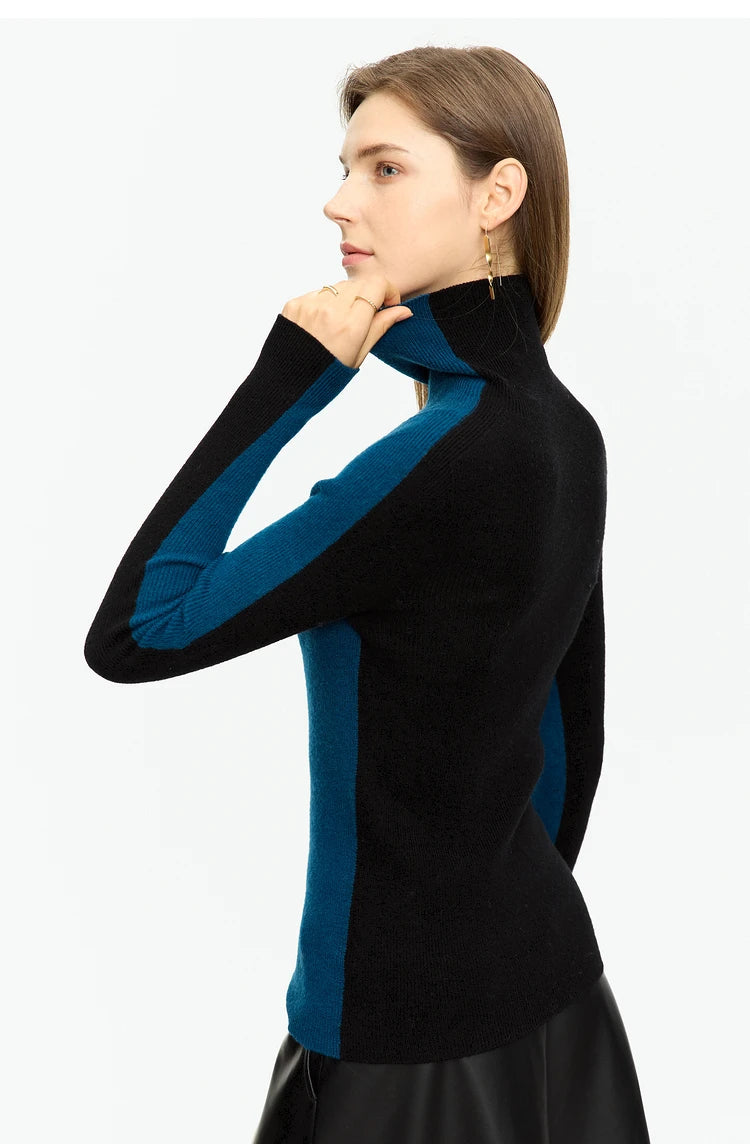Damen-Rollkragenpullover 100 % Wolle Farbkontrast Slim Fit Frühling