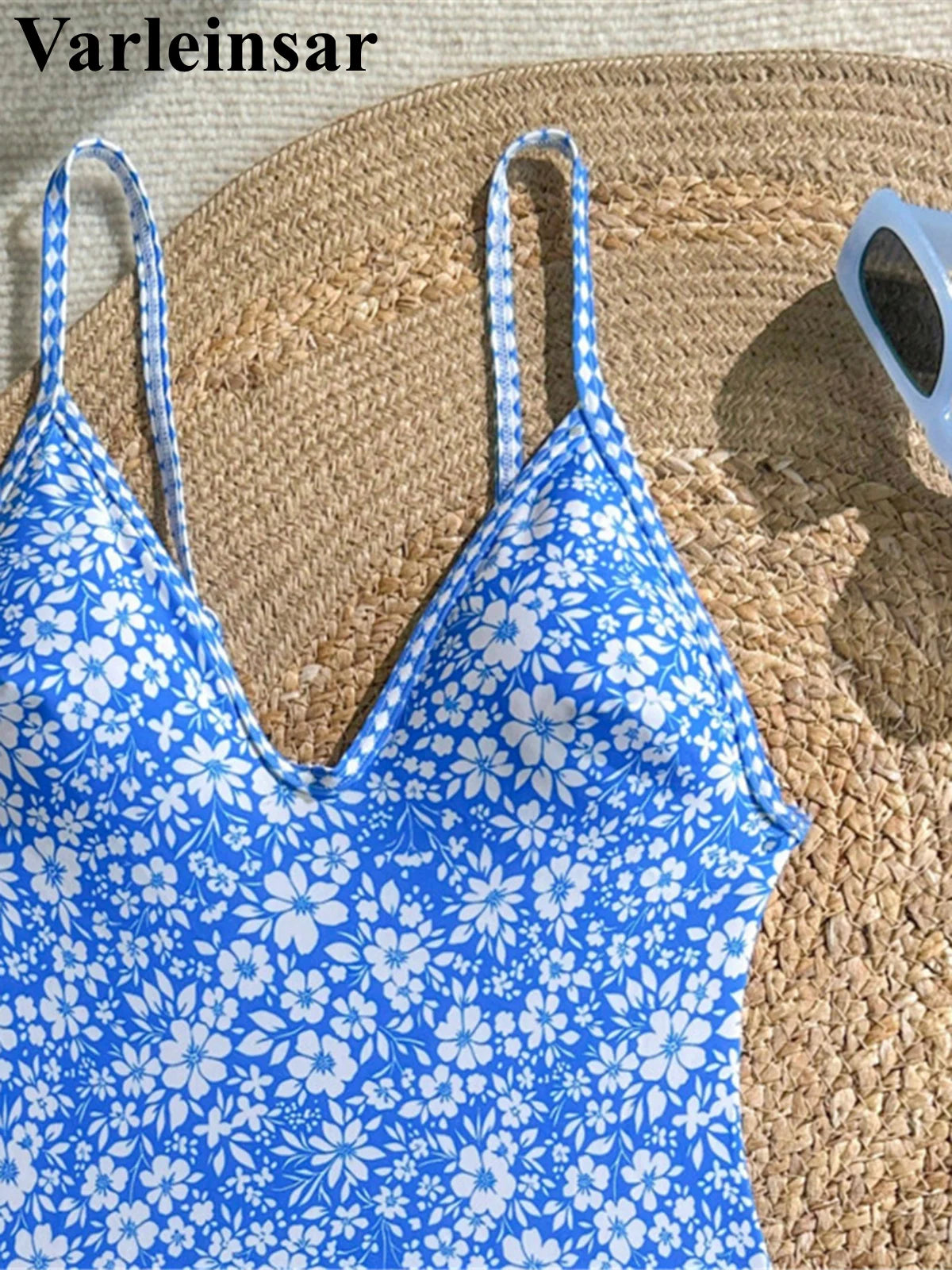 Damen Badeanzug Blumenmuster V-Ausschnitt High-Cut Monokini gepolstert Einteiler