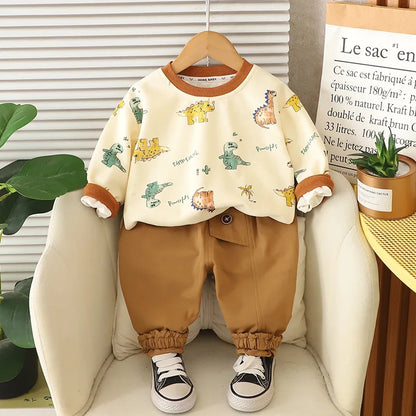 Kinder Hoodie-Set mit Cartoon-Dinosaurier-Pullover und lockeren Hosen für Jungen