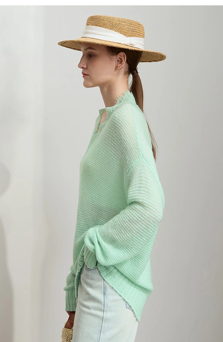 Damen V-Ausschnitt Pullover Mohair Spitze locker mittellang Frühling