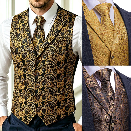 Herrenweste mit Jacquard-Ornamenten in Schwarz-Gold, V-Ausschnitt und Knopfleiste