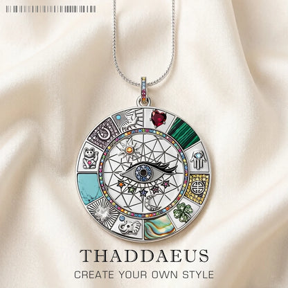 Halskette mit rundem Amulett-Anhänger, silberfarben, Augen- und Zodiaksymbole