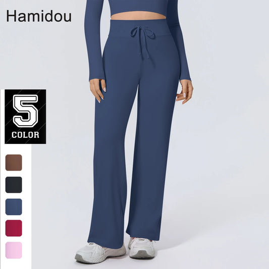 Dunkelblaue Yoga-Sommerhose mit Kordelzug am Bund und weitem Bein