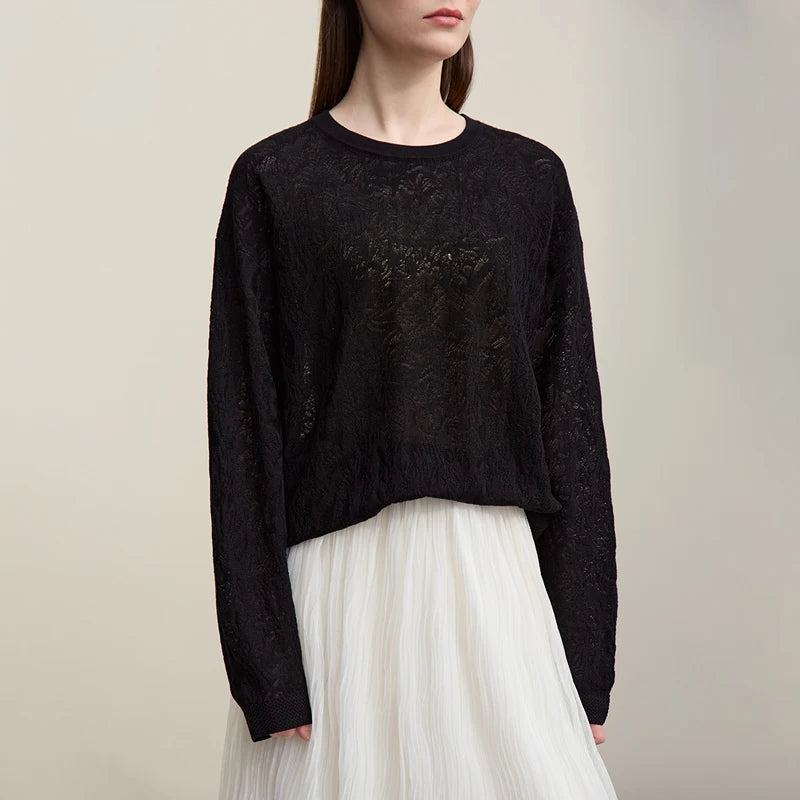 Damen-Rundhalspullover Jacquard Raglan locker lang Lyocell Frühling