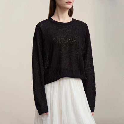 Damen-Rundhalspullover Jacquard Raglan locker lang Lyocell Frühling