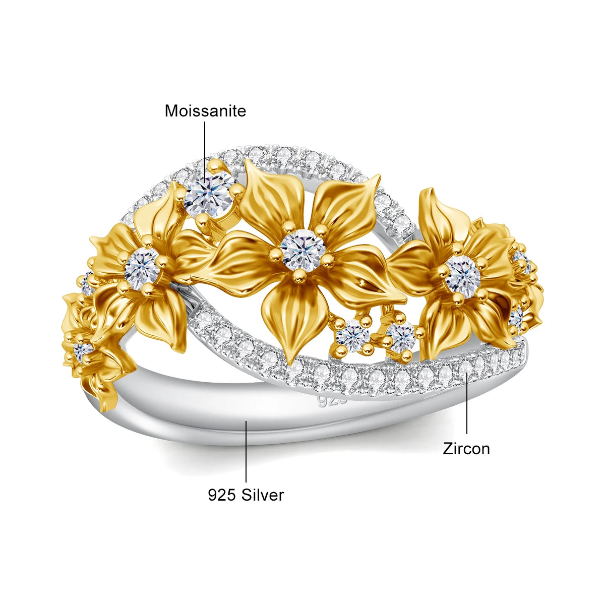 Damen-Ring Blüten-Moissanit Mit Zertifikat Und Goldplattierung Auf 925er Silber Für Verlobung Und Alltag