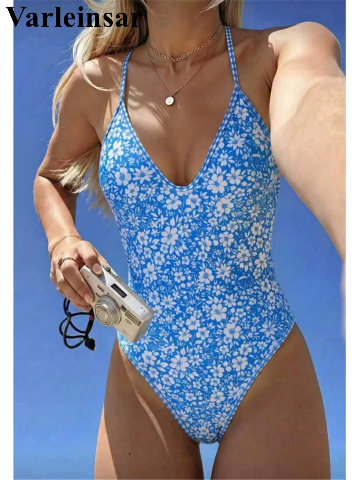 Damen Badeanzug Blumenmuster V-Ausschnitt High-Cut Monokini gepolstert Einteiler