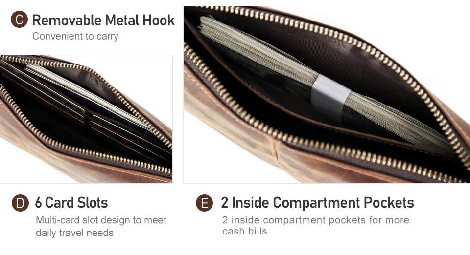 Braune Herren-Lederclutch, Detail der Metall-Haken und Innenfächer für Karten