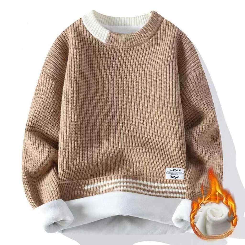 Dicker Herren-Pullover mit Rundhalsausschnitt und Patchwork-Design – Lockerer, elastischer Langarm für Herbst und Winter