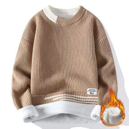 Dicker Herren-Pullover mit Rundhalsausschnitt und Patchwork-Design – Lockerer, elastischer Langarm für Herbst und Winter