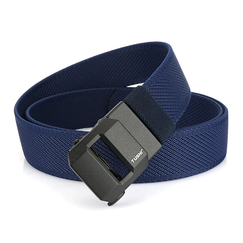 Unisex-Gürtel aus elastischem Nylon mit mattschwarzer Schnalle in 38 mm Breite und Tragekomfort