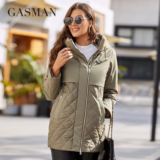 Lange Damen-Daunenjacke mit Reißverschluss, Gürtel und Kapuze – schlanker Parka mit Taschen