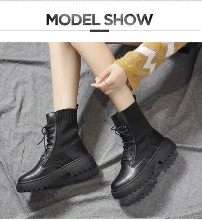 AIYUQI Women Winter Boots Shoes Genuine Leather Flat Fur Ankle Boots Women Platform Fashion Women's Socks Boots