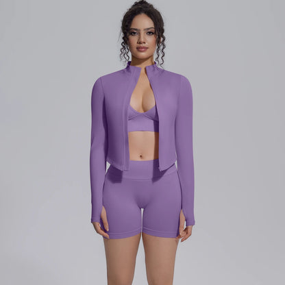 Damen-Yoga-Set (3-teilig): Sport-BH, Shorts und langärmelige Jacke, lila