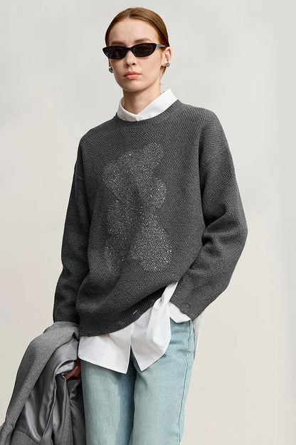 Damen-Rundhalspullover Jacquard Aushöhlung Perlenstickerei locker Winter