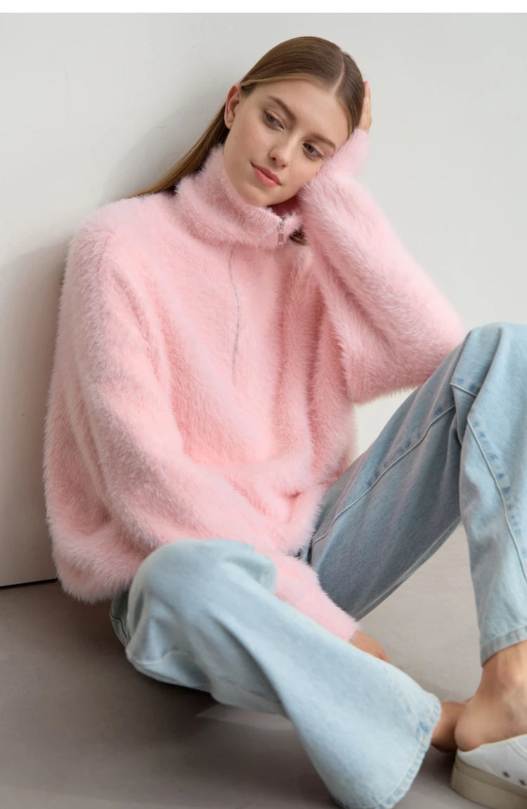 Damen-Rollkragenpullover Nerz-Imitat Reißverschluss locker dick Winter