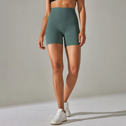 Nahtlose Sportshorts für Frauen mit hohem Bund, petrolgrün, kurze Sport-Länge