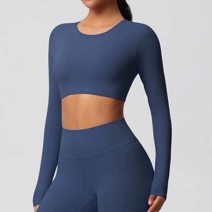 Damen Sportshirt mit Rundhalsausschnitt, langarm, kurz geschnitten, navyblau