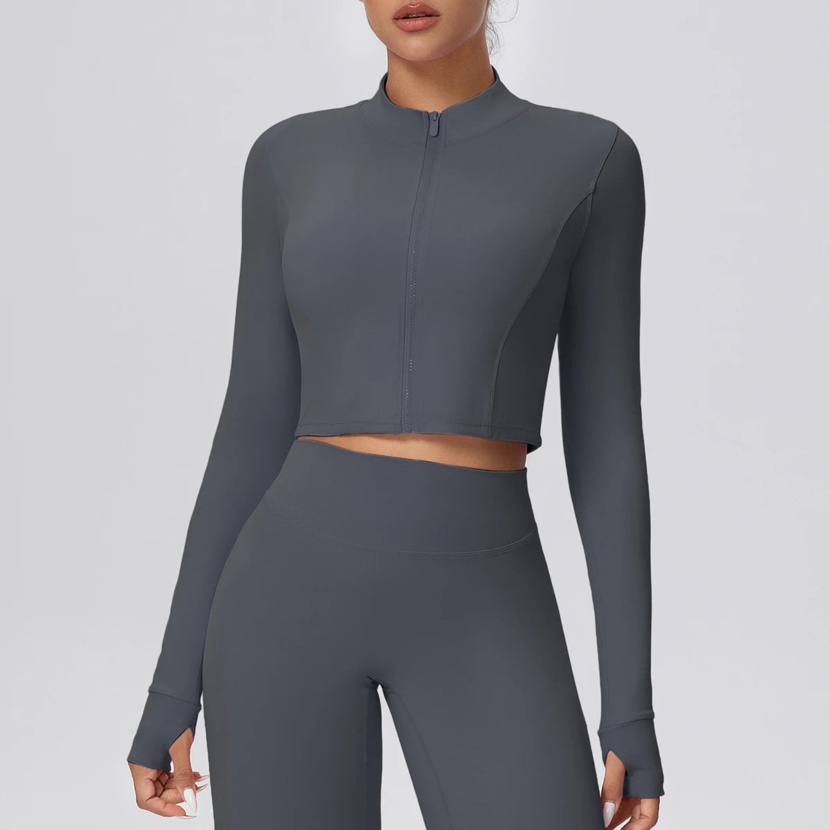 Damen Sportjacke kurz, Reißverschluss vorn, lange Ärmel, anthrazitgrau