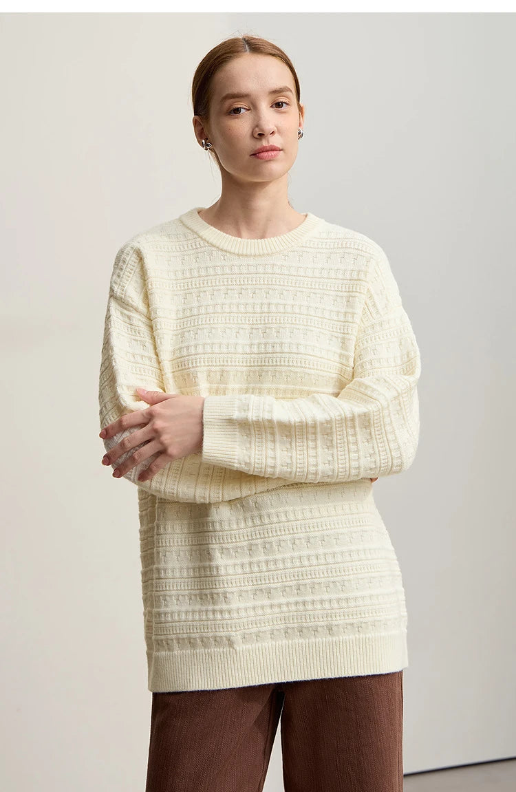 Damen-Pullover Cremeweiß mit Rundhalsausschnitt, horizontales Strickmuster, lange Ärmel