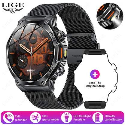 Männer Smartwatch mit robuster LED Taschenlampe und Bluetooth-Anruf-Funktion