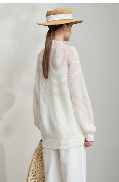 Damen V-Ausschnitt Pullover Mohair Spitze locker mittellang Frühling