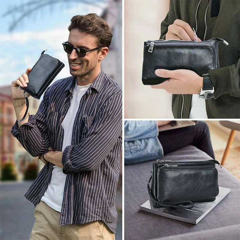 Herren-Clutch aus dunklem Leder mit Reißverschluss, seitlich verstellbarer Griffriemen