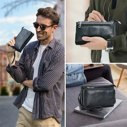 Herren-Clutch aus dunklem Leder mit Reißverschluss, seitlich verstellbarer Griffriemen