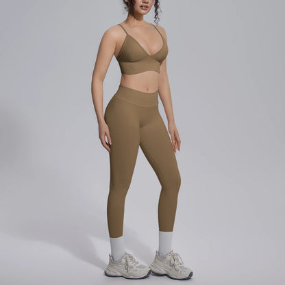 Yoga-Set für Damen mit gepolstertem Sport-BH und Leggings, hellbraun
