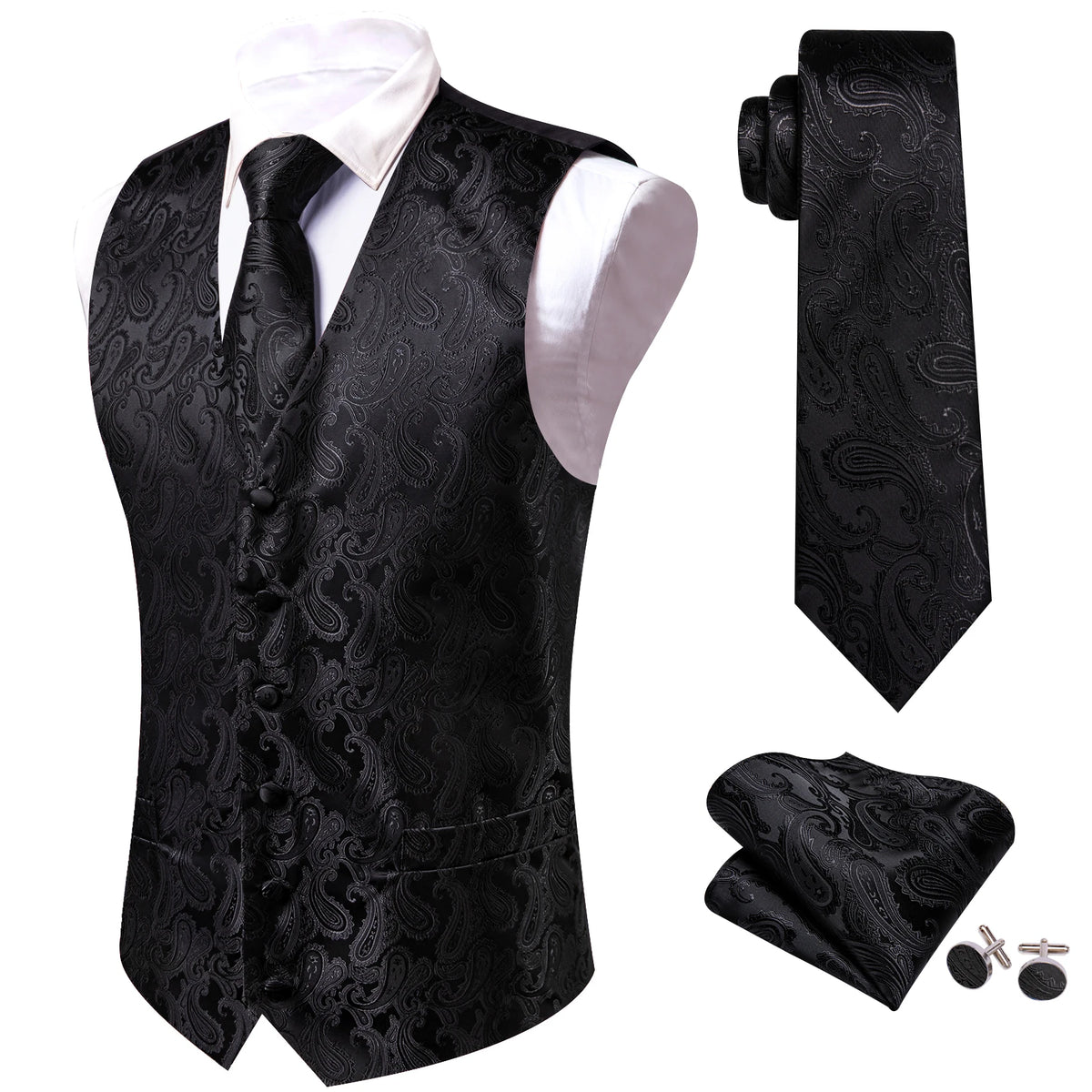 Schwarzes Herrenweste-Set mit feinem Paisley, Krawatte und Einstecktuch, inkl. Knöpfe