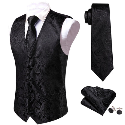 Schwarzes Herrenweste-Set mit feinem Paisley, Krawatte und Einstecktuch, inkl. Knöpfe