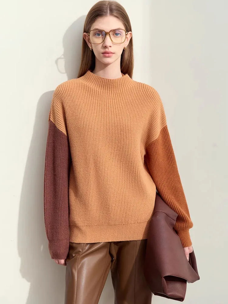 Pullover mit Rundhalsausschnitt, karamellbraunes Strickmodell mit weiten Ärmeln