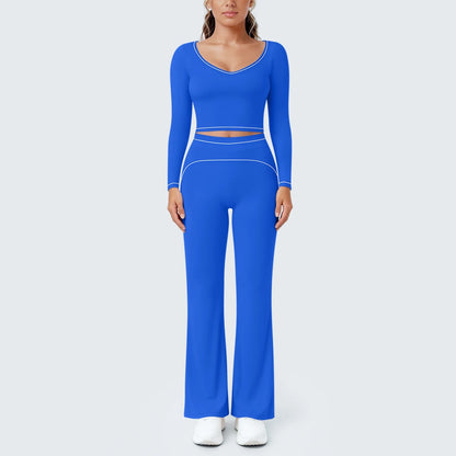 Blaues Damen Yoga-Set: Frontansicht mit Langarm-Top mit Cut-out und ausgestellten Leggings