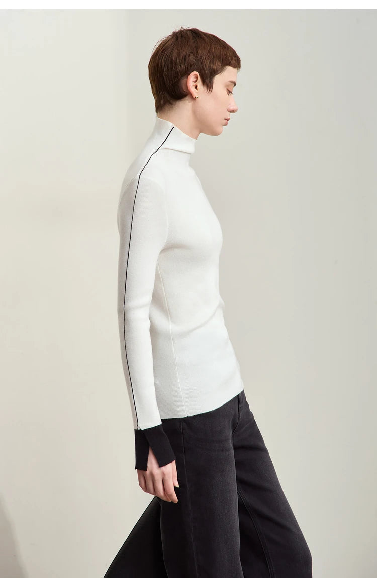 Damen-Rollkragenpullover Farbkontrast Slim Fit Langarm Frühling