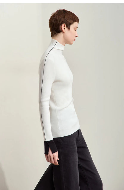 Damen-Rollkragenpullover Farbkontrast Slim Fit Langarm Frühling