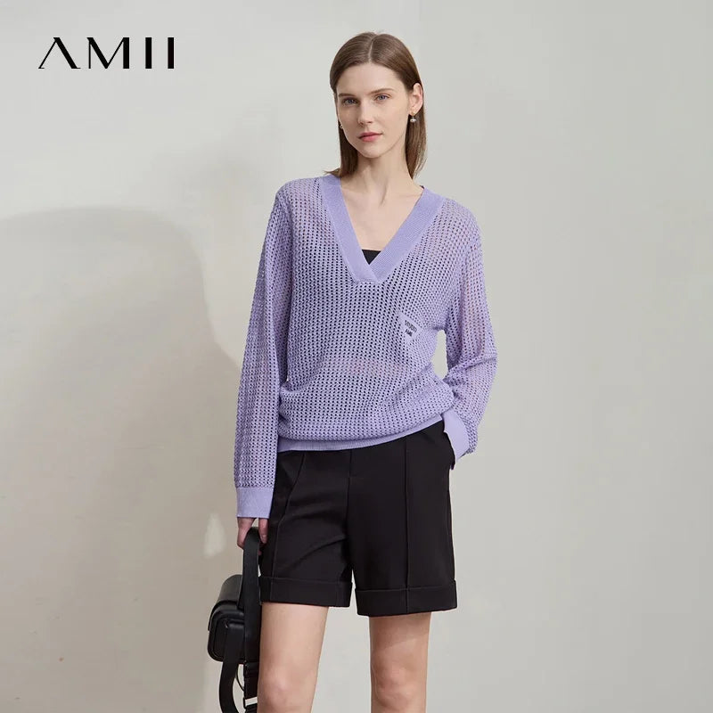 Lila Damen-Strickpullover mit V-Ausschnitt, langen Ärmeln und lockerem Schnitt