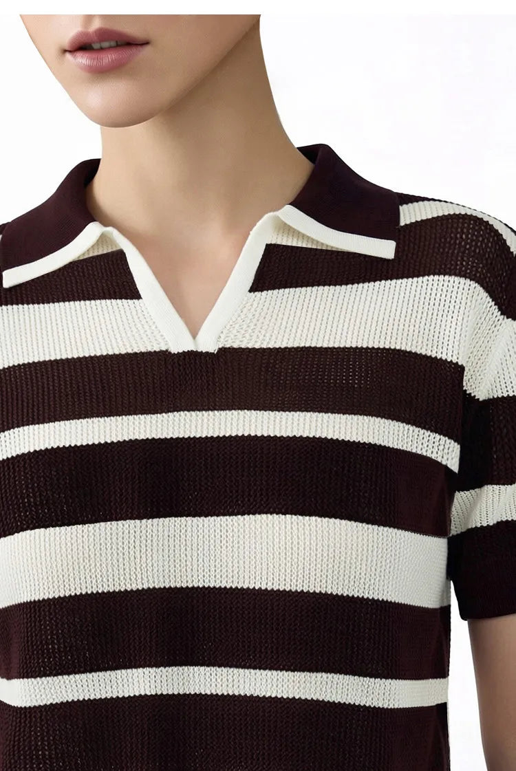 Gestreifter Damen-Strickpullover mit Polokragen, kurzarm, braun-weiß, Detailansicht