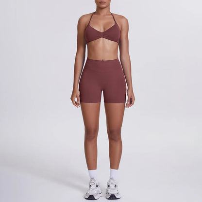 Damen-Yoga-Set: nahtloser Sport-BH und High-Waist-Shorts in Weinrot