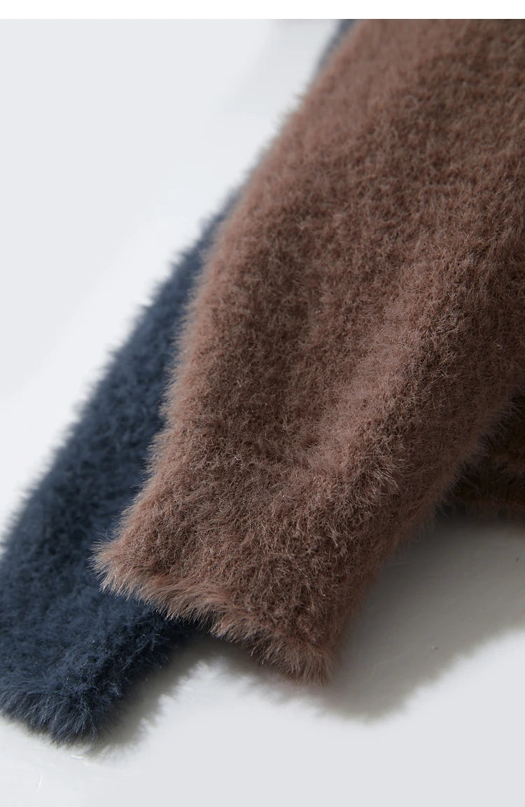 Damenpullover mit flauschiger Oberfläche in Braun und Dunkelblau, angesetzte Bündchen