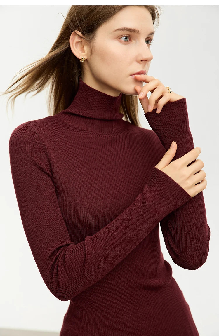 Damen-Rollkragenpullover 100 % Wolle Slim Fit elastisch Winter