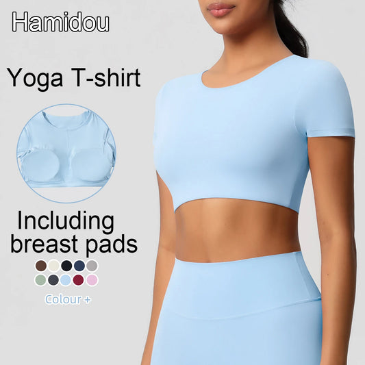 Workout-Top für Damen mit Brustpolstern, hellblau, kurzarm, rundhalsausschnitt