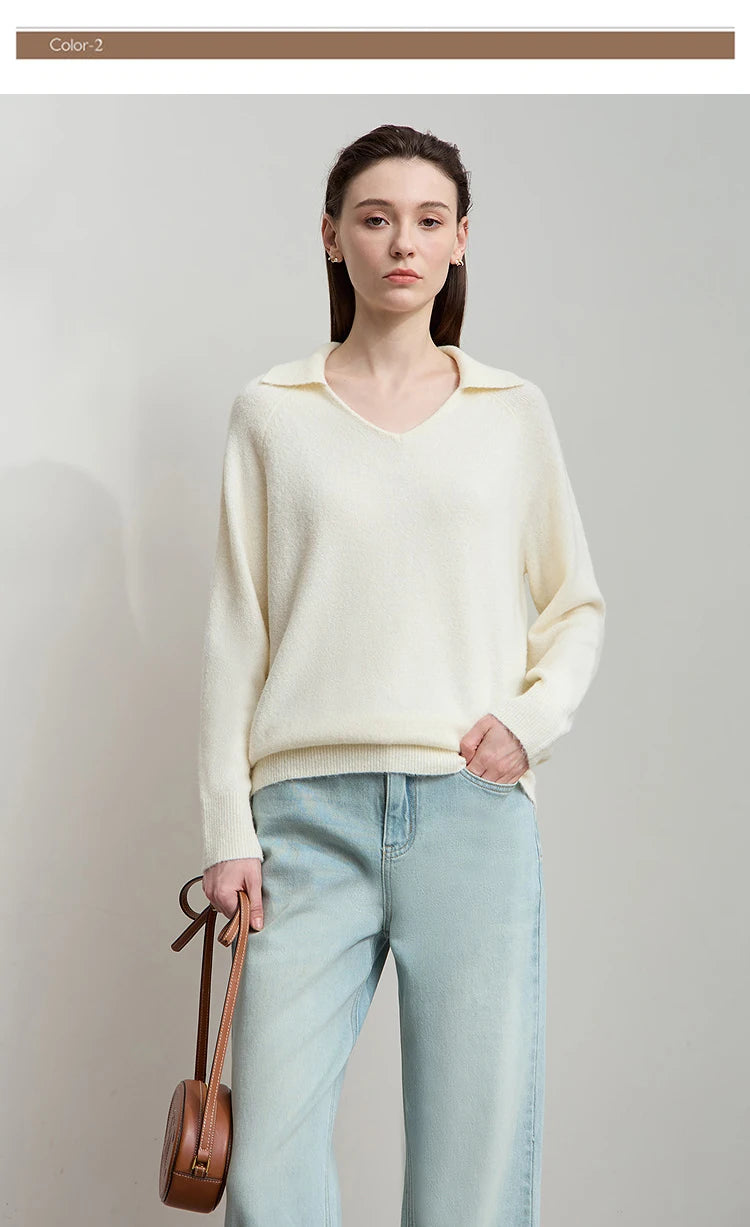 Cremefarbener Damen-Strickpullover mit V-Ausschnitt, langarmig