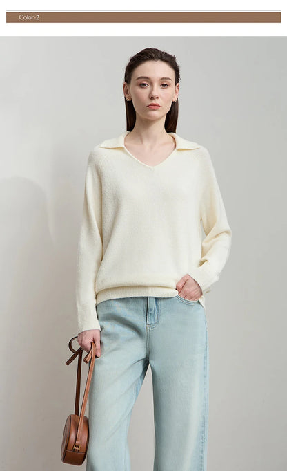 Cremefarbener Damen-Strickpullover mit V-Ausschnitt, langarmig