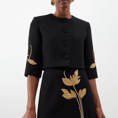 Minimalistisches Damen-Kleid mit Reverskragen, langen Ärmeln und hohem Bund – Patchwork-Design und lockere Passform
