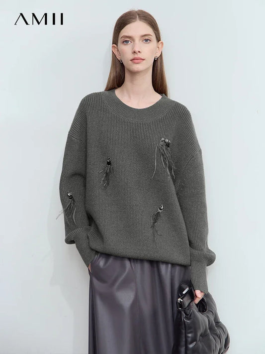Damen-Rundhalspullover Perlen Strassapplikation locker Winter