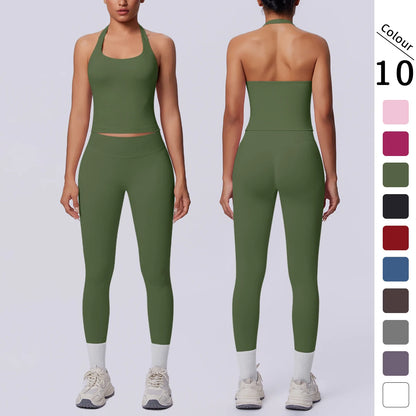 Nahtloses Yoga-Set in Olivgrün: Trägershirt und 7/8-Leggings mit kurzem Bauchbereich.